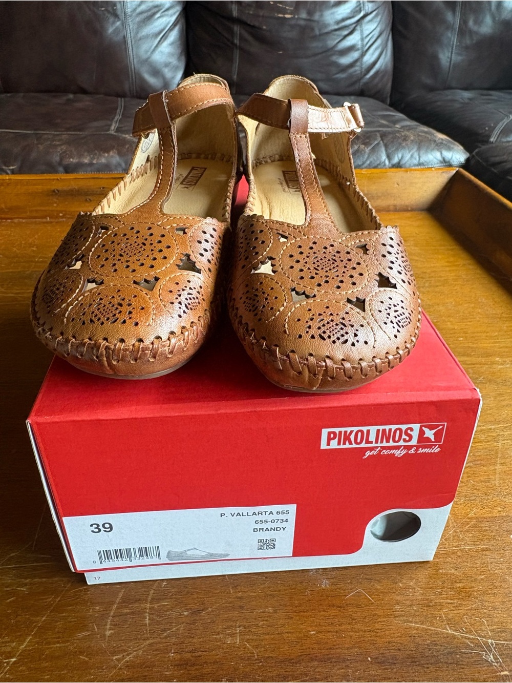 PIKOLINOS Brandy Brown Perforated T‑Strap Womens Shoes